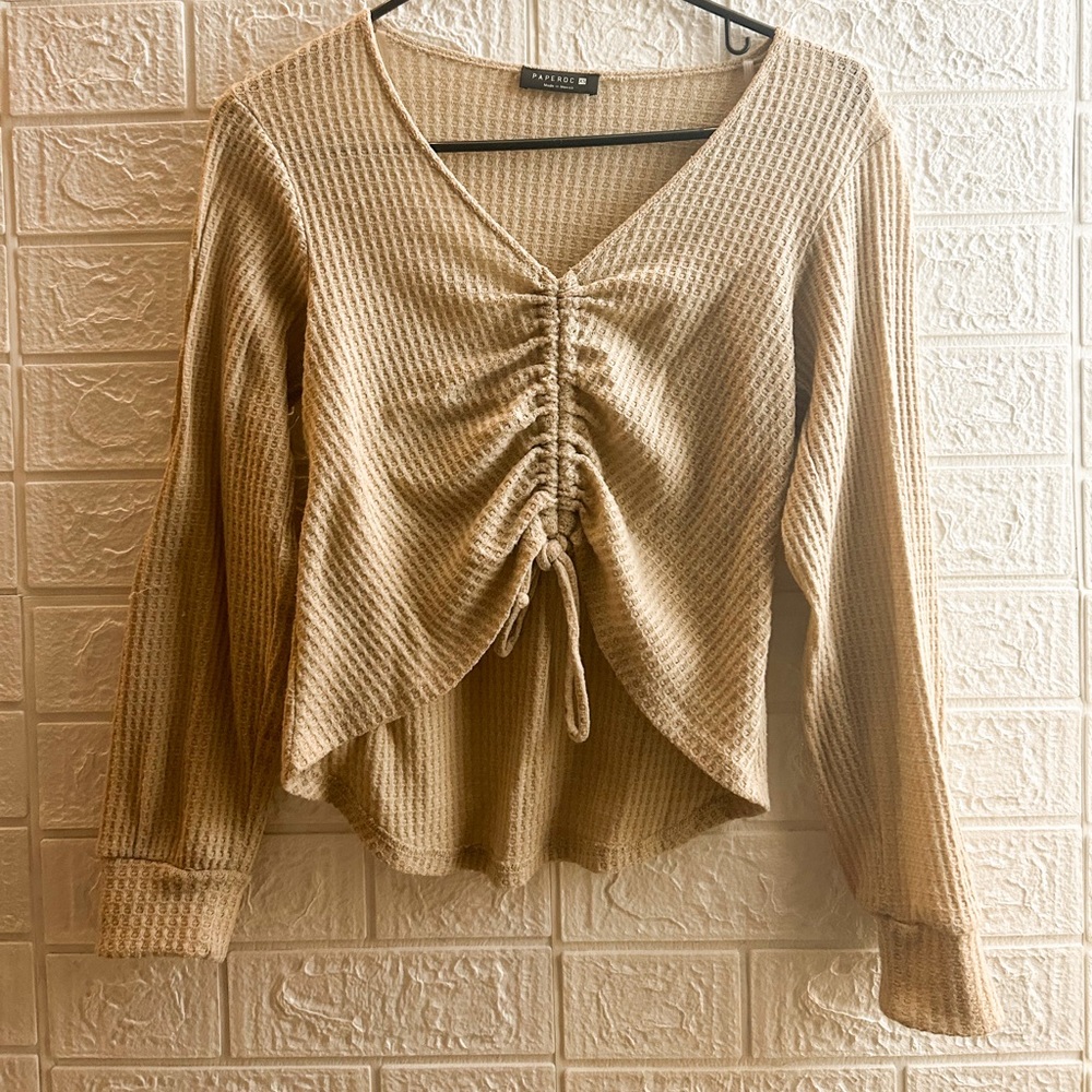 Tan Ruched Long Sleeve Sweater